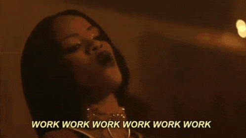 A Woman Singing With The Words Work Work Work Work Work Behind Her GIF
