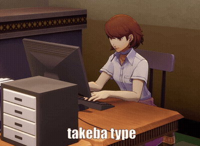 A Woman Sits At A Desk Using A Computer With The Words Takeba Type Written Below Her GIF
