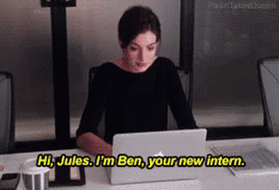 A Woman Sits At A Desk With A Laptop And Says " Hi Jules I 'M Ben Your New Intern " GIF