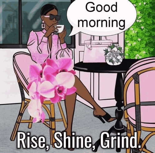 A Woman Sits At A Table With Flowers And A Speech Bubble That Says Good Morning GIF