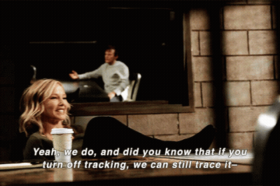 A Woman Sits At A Table With Her Legs Crossed And Says Yeah We Do And Did You Know That If You Turn Off Tracking GIF