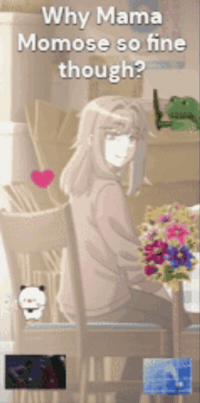 A Woman Sits In A Chair With A Bouquet Of Flowers And The Words " Why Mama Momose So Fine Though " Above Her GIF