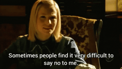 A Woman Sits In A Chair With The Words Sometimes People Find It Very Difficult To Say No To Me Below Her GIF