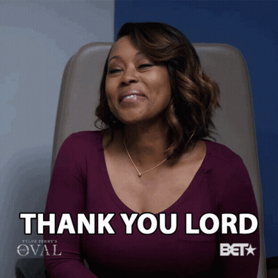 A Woman Sits In A Chair With The Words Thank You Lord Written On The Bottom GIF