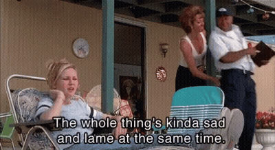 A Woman Sits In A Chair With The Words " The Whole Thing 'S Kinda Sad And Lame At The Same Time " GIF