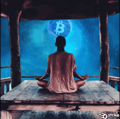 A Woman Sits In A Lotus Position In Front Of A Bitcoin Symbol GIF