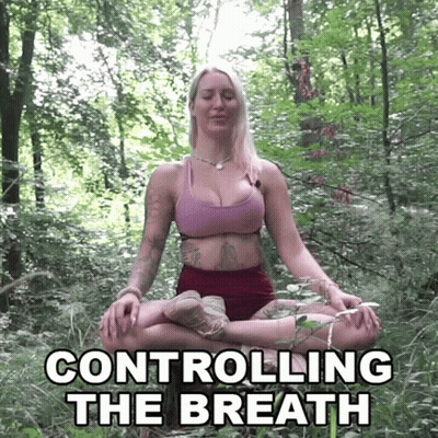 A Woman Sits In A Lotus Position In The Woods With The Words Controlling The Breath Written Above Her GIF