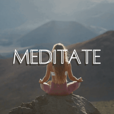 A Woman Sits In A Lotus Position On A Rock With The Word Meditate Above Her GIF