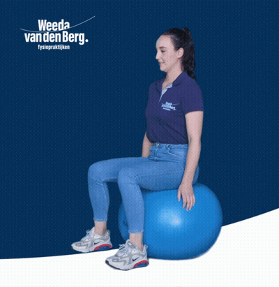 A Woman Sits On A Blue Exercise Ball In Front Of A Weeda Van Den Berg Sign GIF