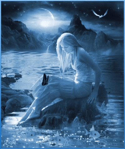 A Woman Sits On A Rock In The Water With A Butterfly On Her Leg GIF