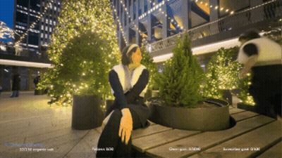 A Woman Sits On A Wooden Bench In Front Of A Christmas Tree With A Watermark That Says Differentwalking GIF
