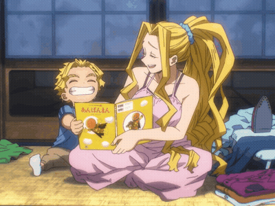 A Woman Sits On The Floor Reading A Book To A Child With Chinese Writing On It GIF