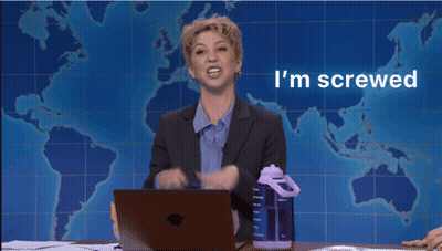 A Woman Sitting At A Desk With A Laptop And The Words I 'M Screwed Above Her GIF