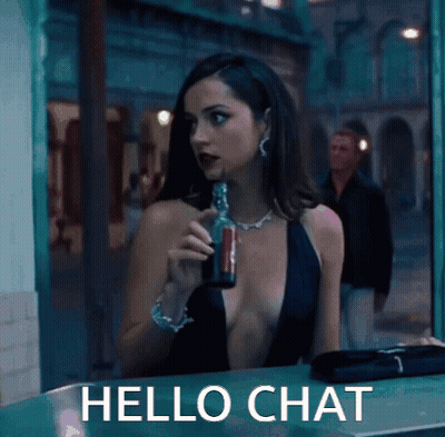 A Woman Sitting At A Table With A Bottle In Her Hand And The Words Hello Chat Written Below Her GIF