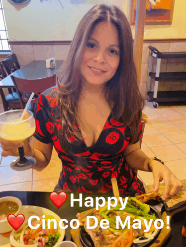 A Woman Sitting At A Table With A Margarita And A Plate Of Food With The Words Happy Cinco De Mayo Below Her GIF