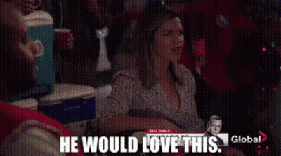A Woman Sitting At A Table With The Words He Would Love This On The Screen GIF