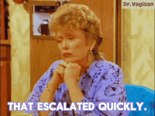 A Woman Sitting At A Table With The Words That Escalated Quickly GIF