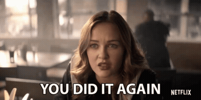 A Woman Sitting At A Table With The Words You Did It Again Netflix Written On The Bottom GIF