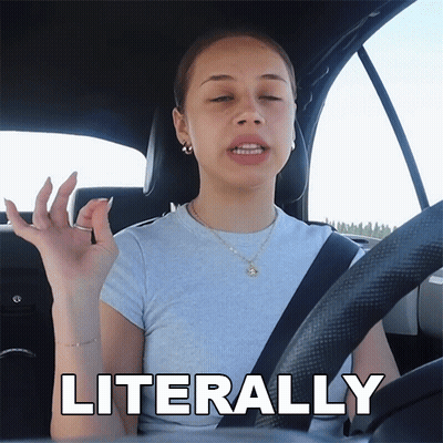 A Woman Sitting In A Car With The Word Literally Behind Her GIF