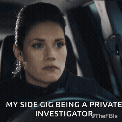 A Woman Sitting In A Car With The Words My Side Gig Being A Private Investigator GIF