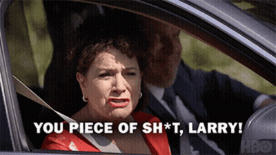 A Woman Sitting In A Car With The Words You Piece Of Shit Larry GIF