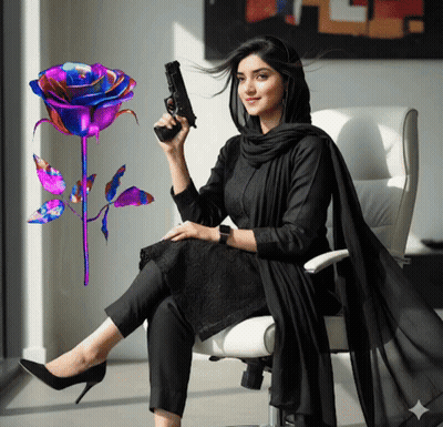 A Woman Sitting In A Chair Holding A Gun In Front Of A Rose GIF