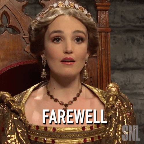 A Woman Sitting In A Chair With Farewell Written On Her Shirt GIF