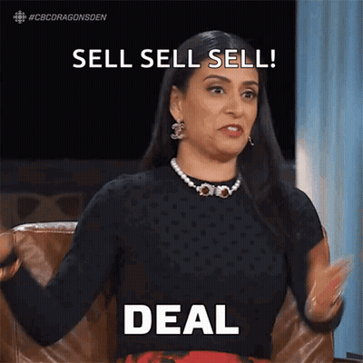 A Woman Sitting In A Chair With Her Arms Outstretched Says Sell Sell Sell Deal GIF