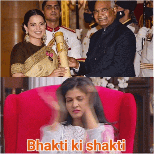A Woman Sitting In A Chair With The Words Bhakti Ki Shakti Written On It GIF