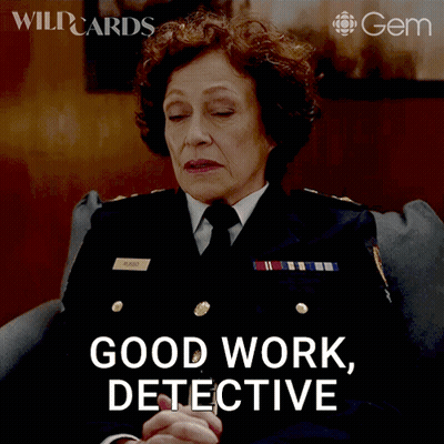 A Woman Sitting In A Chair With The Words Good Work Detective On The Bottom GIF