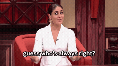 A Woman Sitting In A Chair With The Words Guess Who 'S Always Right GIF