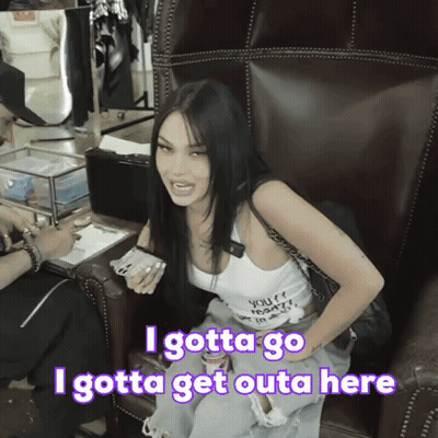 A Woman Sitting In A Chair With The Words " I Gotta Go I Gotta Get Outa Here " On The Bottom GIF