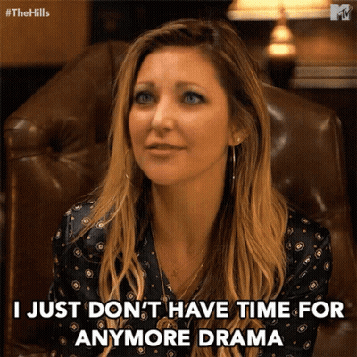 A Woman Sitting In A Chair With The Words " I Just Don 'T Have Time For Anymore Drama " Next To Her GIF
