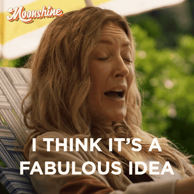 A Woman Sitting In A Chair With The Words I Think It 'S A Fabulous Idea On The Bottom GIF