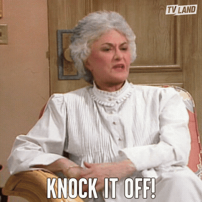 A Woman Sitting In A Chair With The Words Knock It Off Written On The Bottom GIF