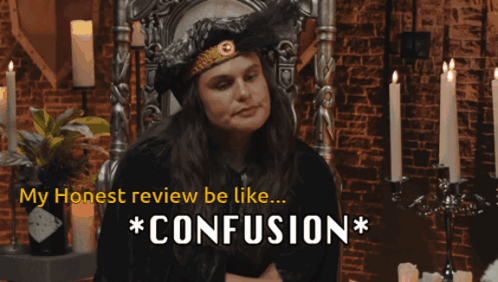 A Woman Sitting In A Chair With The Words My Honest Review Be Like * Confusion * GIF