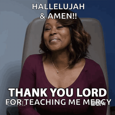 A Woman Sitting In A Chair With The Words Thank You Lord For Teaching Me Mercy On The Bottom GIF