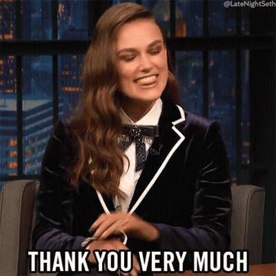 A Woman Sitting In A Chair With The Words Thank You Very Much Above Her GIF
