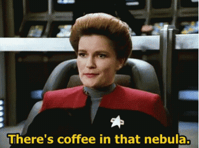 A Woman Sitting In A Chair With The Words There 'S Coffee In That Nebula Below Her GIF