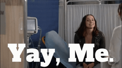 A Woman Sitting In A Hospital Bed With The Words Yay Me Written Above Her GIF