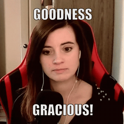 A Woman Sitting In A Red Chair With The Words Goodness Gracious GIF