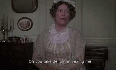 A Woman Sitting In A Room With The Words Oh You Take Delight In Vexing Me GIF