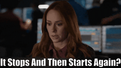 A Woman Sitting In Front Of A Computer With The Words " It Stops And Then Starts Again " Written Below Her GIF