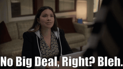 A Woman Sitting In Front Of A Laptop With The Words " No Big Deal Right Bleh " Below Her GIF