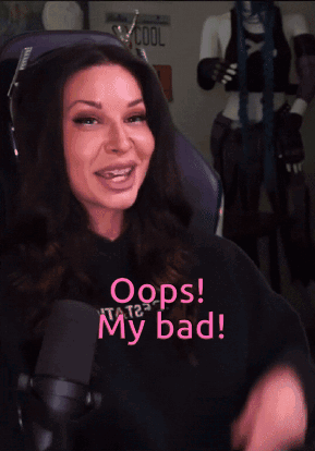 A Woman Sitting In Front Of A Microphone With The Words Oops My Bad Written In Pink GIF