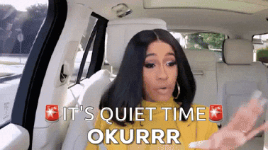 A Woman Sitting In The Back Seat Of A Car With The Words " It 'S Quiet Time Okurrr " Above Her GIF