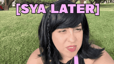 A Woman Sitting In The Grass With Sya Later Written On The Bottom GIF