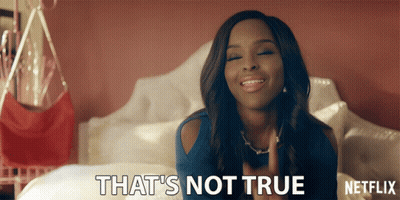 A Woman Sitting On A Bed With The Words That 'S Not True On The Bottom GIF