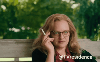 A Woman Sitting On A Bench Smoking A Cigarette With The Words @Tvresidence Written Below Her GIF