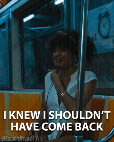 A Woman Sitting On A Bus With The Words " I Knew I Shouldn 'T Have Come Back " Above Her GIF